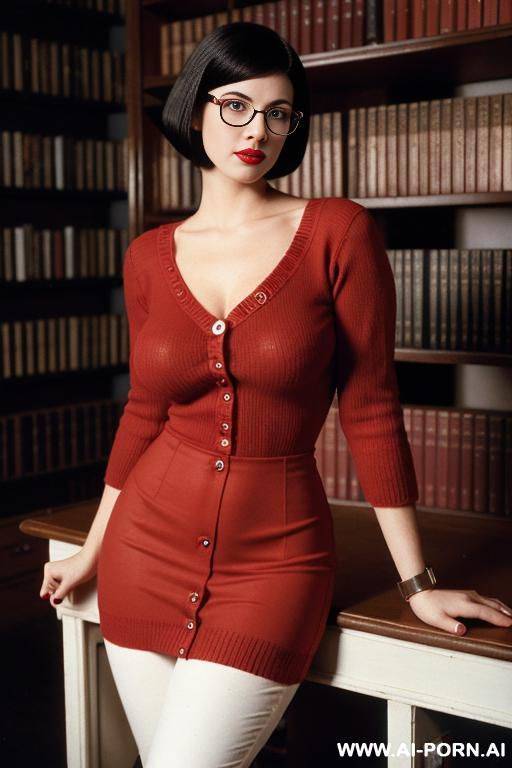 babe face. 1990s style. red vintage knitted dress with sleeves and buttons. red tight pants. nerdy. nerd. thick rimmed glasses. short choppy bob hairstyle. dark hair. shorty. rosebud painted lips. - #main