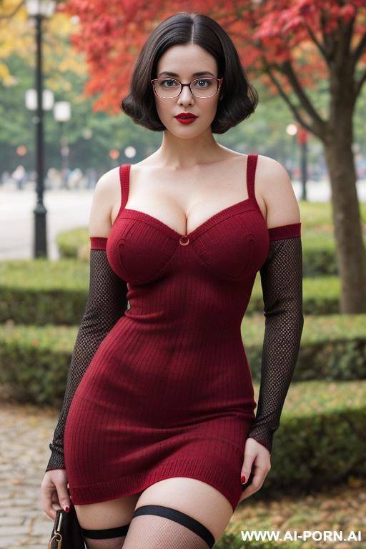 babe face. 10s style. vintage red knitted dress with sleeves. red tights. nerdy. nerd. thick rimmed glasses. short bob hairstyle. dark hair. shorty. rosebud painted thick lips. hairpin. caucasian. average beauty. mid-beauty. round-faced. - #main