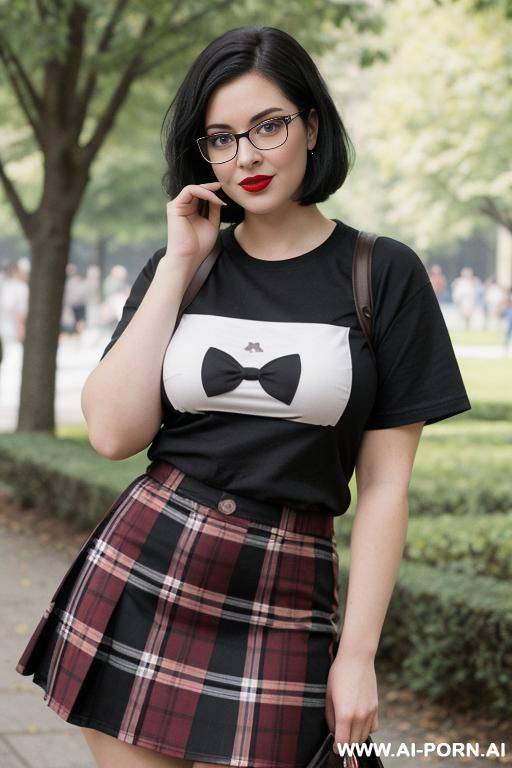 babe face. 10s style. vintage graphic t-shirt. long plaid skirt. nerdy. nerd. thick rimmed glasses. short bob hairstyle. dark hair. shorty. rosebud painted thick lips. hairpin. caucasian. average beauty. mid-beauty. round-faced. - #main