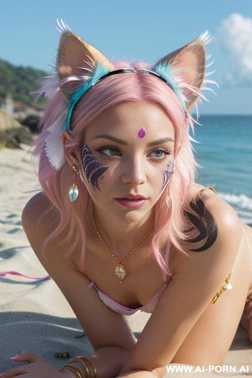 face, ((sexy)), beautiful, ((face painting)), ((bikini as seashell)), ((tattoo roses)), ((cyan pink white)), ((diamond)), ((eyes shw)), ((gold)), ((angel goddess wings)), ((rainbow hair)), ((one rose in - #main