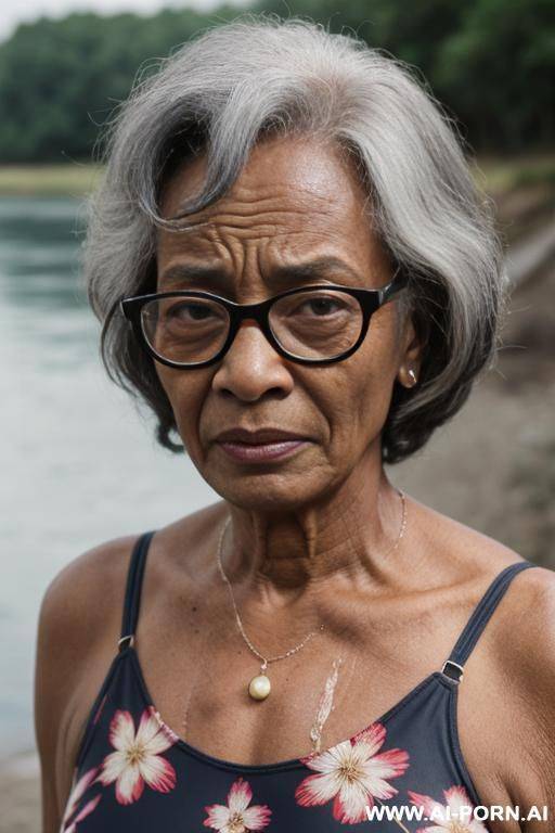 african grandmother, 5 yeards, with glasses , wearing a blue swimsuit with a floral print, in wood, near river - #main