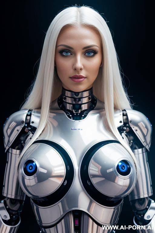 robotic meccanics cyborg total artificial body woman with long platinum blonde hair and black glossy latex threads, glowing blue robotic eyes, and a light natural pink complexion. her body is - #main