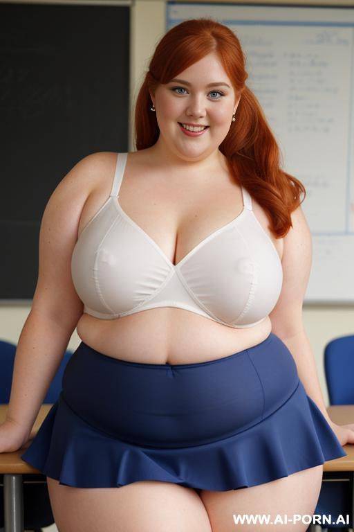 close up half body photo shot, about at classroom, chubby ((obese)) redhead fat bbw curvy teacher, wearing a sexy and hot micro red ruffle skirt, and elegant top, teaching to the classroom. - #main