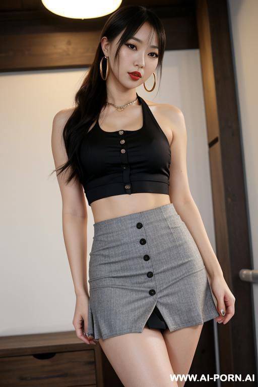 jungle river, tight casual clothes, kawaii, extremely pretty, makeup, full lips, button nose, flowing hair, hoop earrings, big round boobs, tight waist, bondage pose with outfit of a bdsm - #main