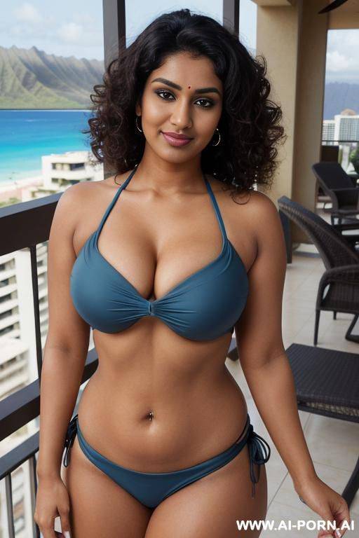 ((matte spandex blue push up bikini)), (gorgeous), beautiful eyes, (big full lips), big nose, (beautiful), (lean) (photorealistic) (tanned indian), (ultra detailed photo), (hyper realistic photo), ((busty)), (balcony, hawaii in the background) - #main
