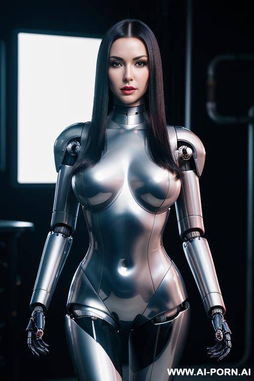 (robot total artificial robot body woman) with long black hair and black glossy gold metall threads, glowing blue robotic eyes, and a light natural pink complexion. her body is entirely - #main