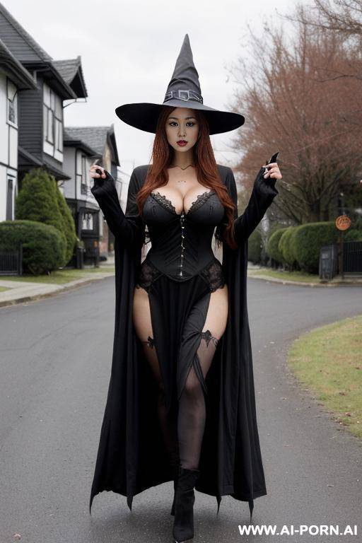 sexy japanese idol, gigantic breasts, hourglass figure, ginger hair, ((keep face)), ((keep body)), halloween night, halloween suburban neighborhood, - #main