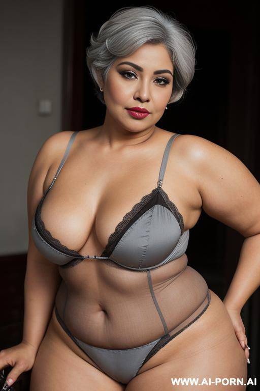 chubby granny short grey hair flashing boobs and blowing kiss - #main