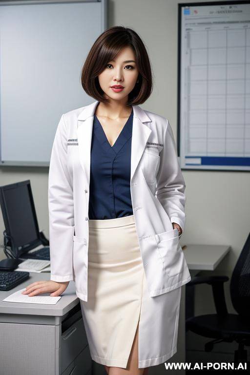 lab coat, office shirt, pencil skirt, medium length bobcut - #main