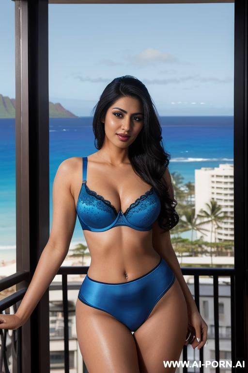 (blue spandex push up bra), (gorgeous), beautiful eyes, (big full lips), big nose, (beautiful), (lean) ((photorealistic)) (punjabi), ((ultra detailed photo)), ((hyper realistic photo)), (balcony, hawaii in the background) - #main