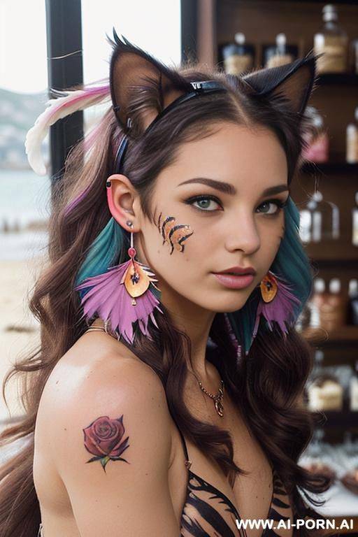 face, ((sexy)), beautiful, ((tiger face)), ((split hair color in 2)), ((percing nose)), ((face painting)), ((bikini as seashell)), ((tattoo roses)), ((eyes shw)), ((angel wings)), ((rainbow hair)), ((one - #main