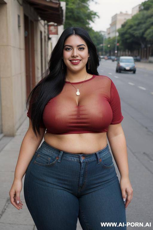 very mexican, supermodel, extra thicc, super pear shaped, high rise jeans, red tshirt, huge hips, big thighs - #main