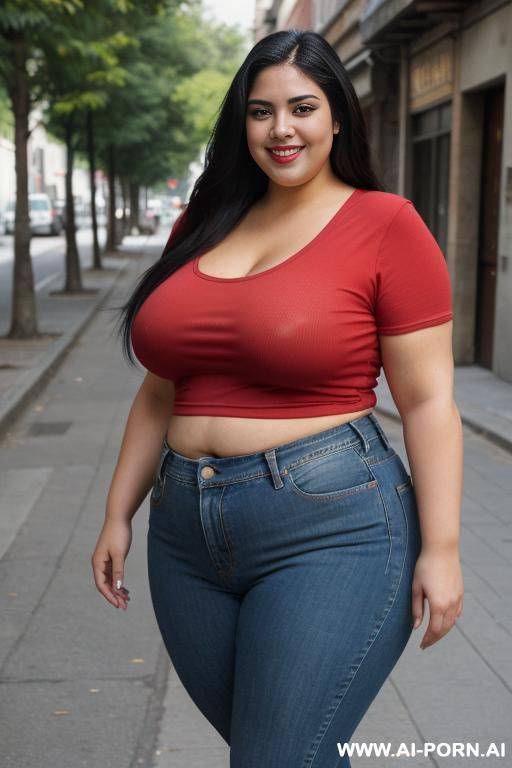 very mexican, supermodel, extra thicc, super pear shaped, very wide hips, high rise jeans, red tshirt, huge hips, big thighs - #main