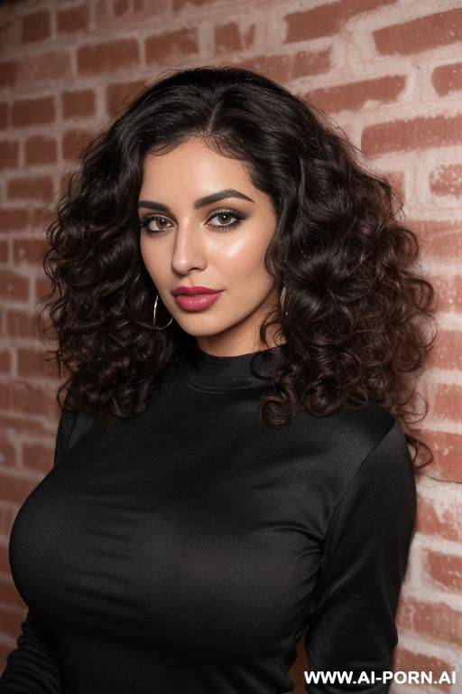 ((long sleeve crew neck black shirt)), (gorgeous), beautiful eyes, (big full lips), big nose, (beautiful), (lean) ((photorealistic)) (middle eastern), ((ultra detailed photo)), ((hyper realistic photo)), (brick wall) ((busty)) ((very large round boobs)) - #main
