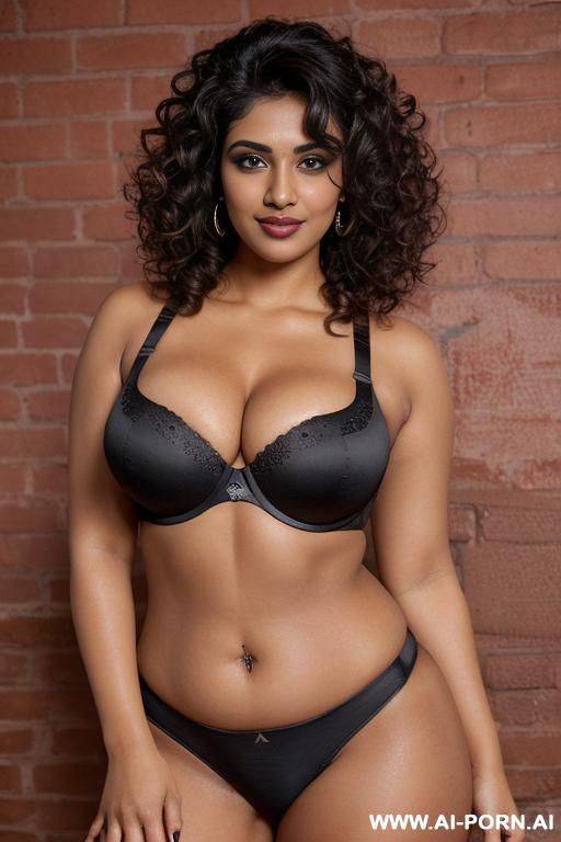 ((black spandex push up bra)), (gorgeous), beautiful eyes, (big full lips), big nose, (beautiful), (lean) ((photorealistic)) (tanned indian), ((ultra detailed photo)), ((hyper realistic photo)), ((busty)), (brick wall), ((large round boobs)) - #main
