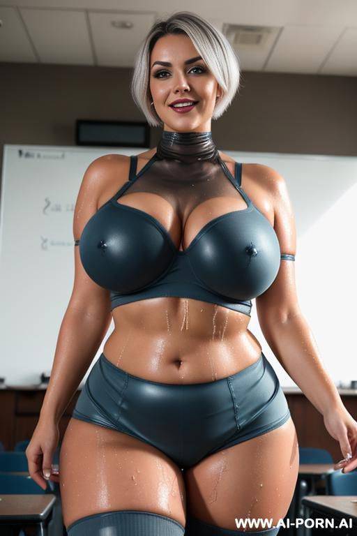 busty beautiful mom, huge tits, thick thighs, naughty, (gigantic boobs), short silver hair, ((good makeup)), tight blue top and shorts (belly exposed), ((thigh high socks)), (((nipples visible))), - #main