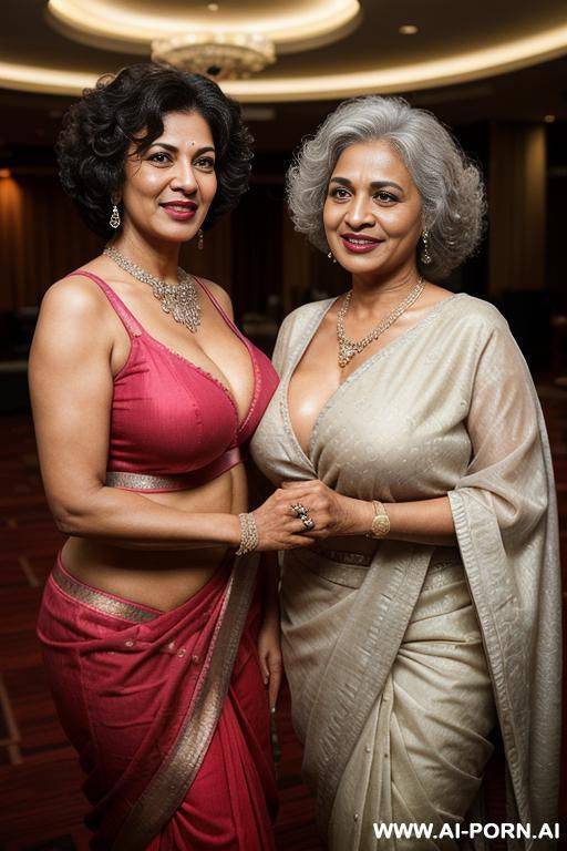 bold granny with grey hair and normal mom, standing in a fancy luxurious gym club, ((two indian women standing together, granny smiling at the camera, mom having orgasm)), photorealistic, indian - #main