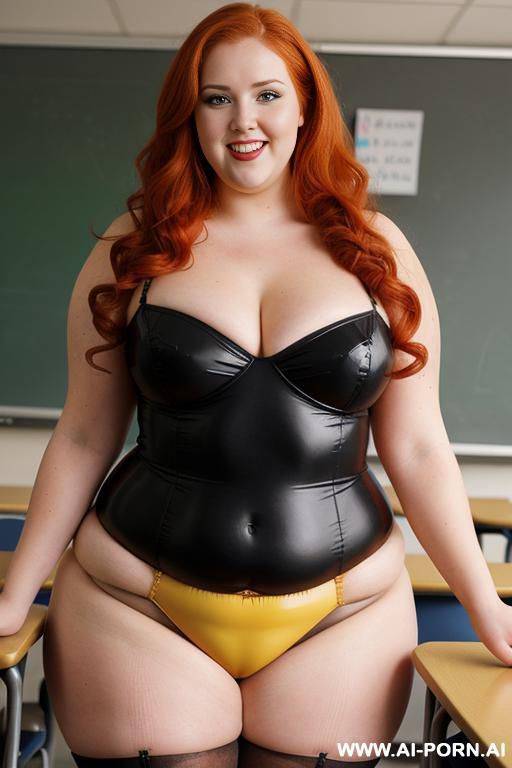 half body photo shot, dynamic angle 30, about at classroom, obese chubby fat bbw curvy teacher, wearing a sexy and hot red and yellow latex stocking lingeries, she is a obese smart teacher - #main