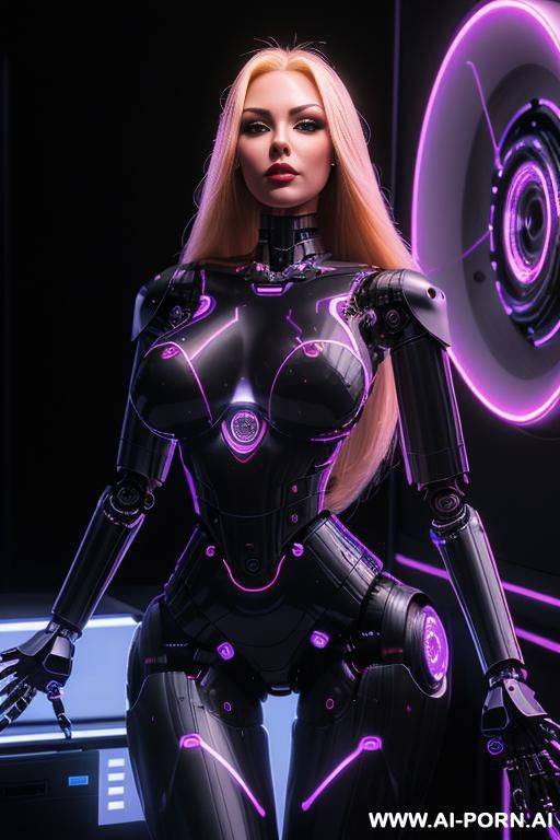 sexbot, front view, full body view, standing, hands on spaceship control desk, looking at viewer, beautiful seductive human face with tanned silicone skin, long straight blonde hair, big lips, wide - #main