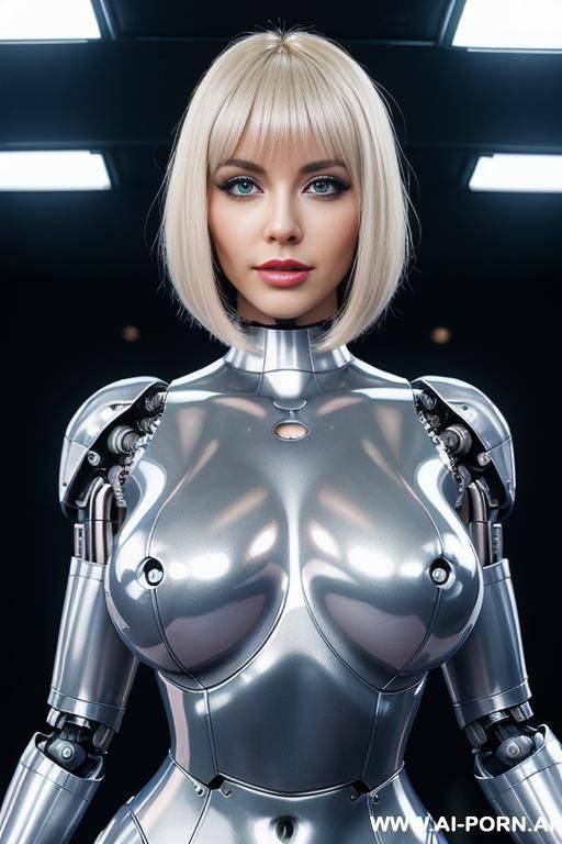 (realistic very detailed robot total meccanical artificial robot body woman) with long black hair and black glossy latex sky bluewhite metall threads, glowing blue robotic eyes, and a light natural - #main
