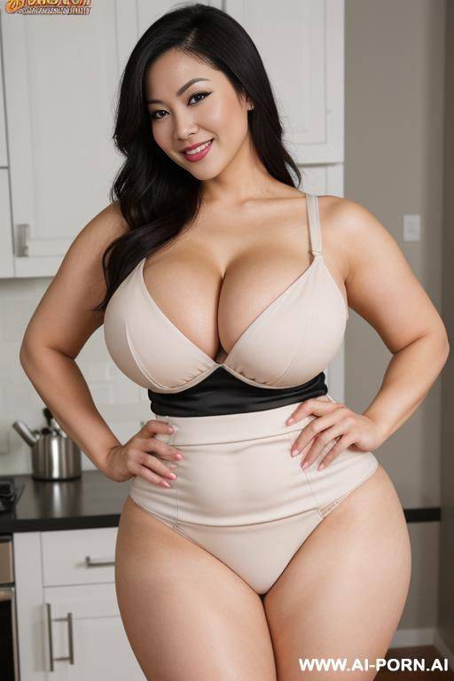 busty asian milf, large natural breasts. full body view. sexy waist, wide hips. amazing ass. hands on hips and smiling. thick thighs. gorgeous housewife. - #main