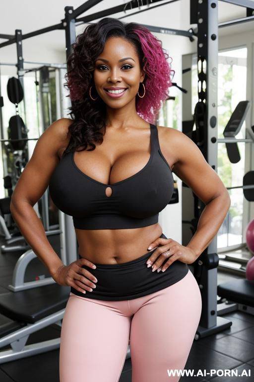 hypwr realistic human. busty black milf, large natural breasts. full body view. waist, wide hips. hands on hips and smiling. wearing loose top over bra, and pink gym leggings - #main