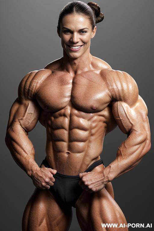(gray background), (naked), (nude), (shortest most muscular white woman only), ((short)), ((very white pallid skin)), ((perfect hard erotic pink rosy nipples)), hard & pallid, (((extremely beautiful - #main