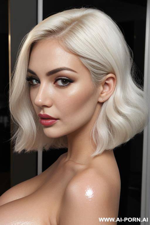 glamorous classy bimbo, pallid white skin, ((prefect saggy boobs)), friendly flirty face, sleepy eyes, shiny glossy latex, front view, beautiful arms , gorgeous face, (hair blown to side.) - #main