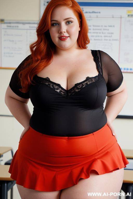 close up half body photo shot, about at classroom, obese chubby fat bbw curvy redhead teacher, wearing a sexy and hot micro red ruffle skirt and elegant top, teaching to the classroom. - #main
