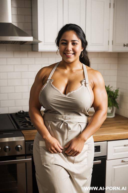 medium shot photo, 20 year old, colombian, ((thick arm muscles)), standing in the kitchen, wearing an apron, smiling - #main