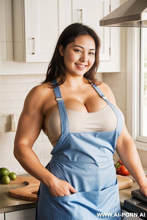 medium shot photo, 20 year old, ((thick arm muscles)), standing in the kitchen, wearing an apron, smiling - #main