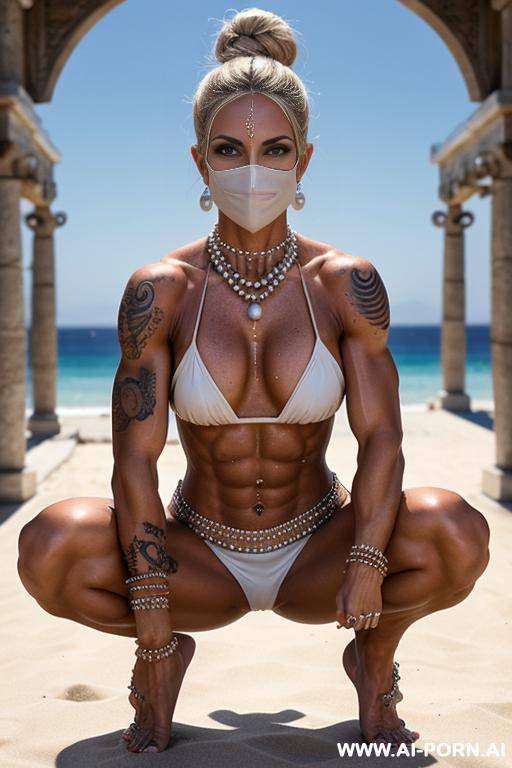 chic boho pearl necklace, with rhinestones and tassels on the body, a mask on the face with rhinestones and tassels. ((((sweat-covered skin)))), a mature beautiful woman, - #main