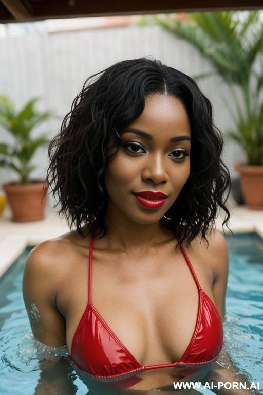 makeup, red lipstick on her lips, red bikini, she turns her head and looking at me - #main