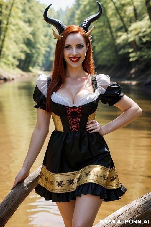 beautiful brunette demoness-succubus, with demon horns, looks with a very sexy seductive look, dressed in beautiful sexy clothes, in a sexy pose - #main