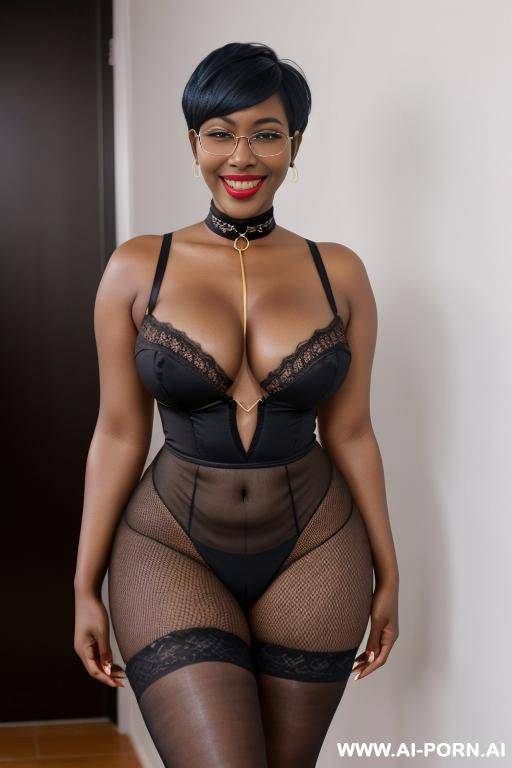 pixie hair cut high heels glasses choker colar fishnet stockings huge tits dark skin - #main