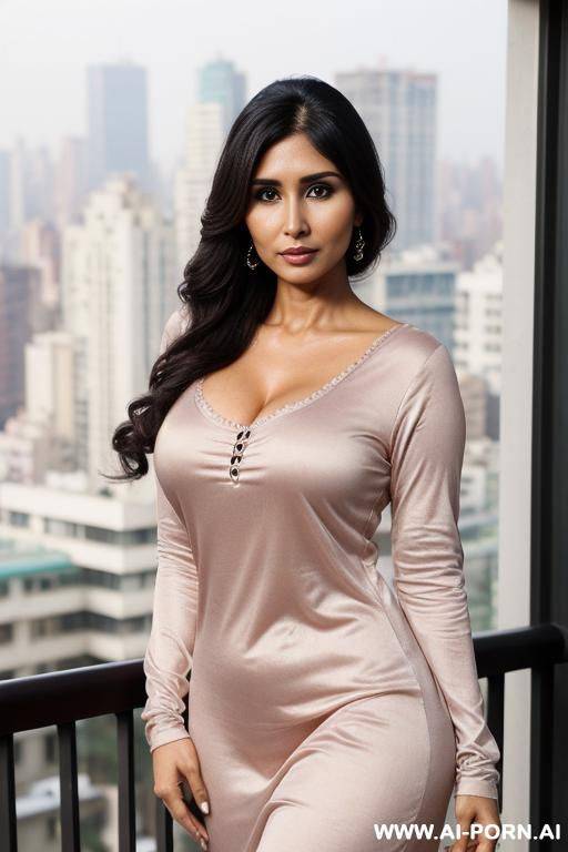 long sleeve crew neck nightgown. ((balcony)) ((large fancy manhattan penthouse)), ((suburban mom)), ((higareda)), (gorgeous), beautiful eyes, (big full lips), (beautiful), (lean) ((photorealistic)) (tanned - #main