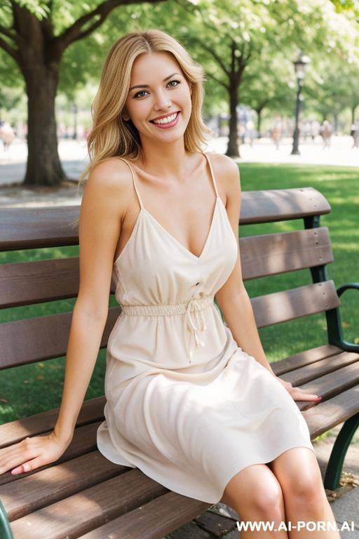 beautiful blonde with brown eyes is wearing a nice summer dress. she sits on a park bench. smile. happy. sun - #main