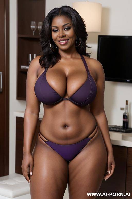 busty ebony milf, huge natural boobs, giant natural boobs, busty ebony mom, thick curvy body, wearing a purple bikini, seductive face, mature face, seductive smile - #main