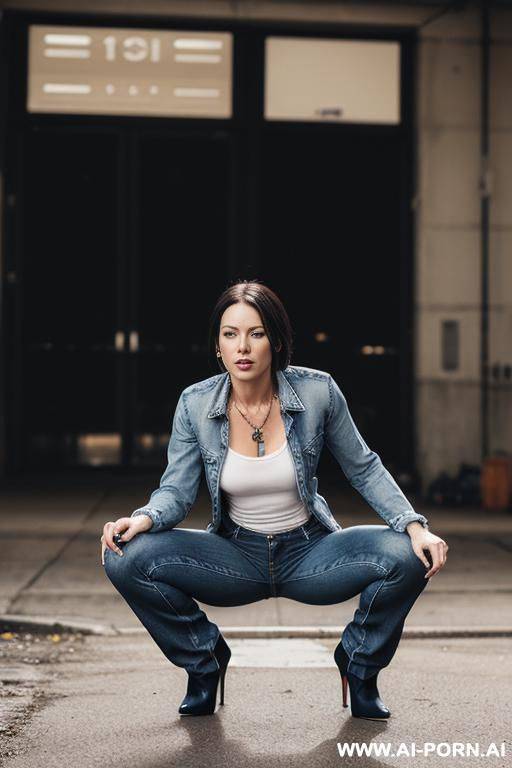 low rise jeans. flare jeans, high heels, tits out, sucking dick - #main