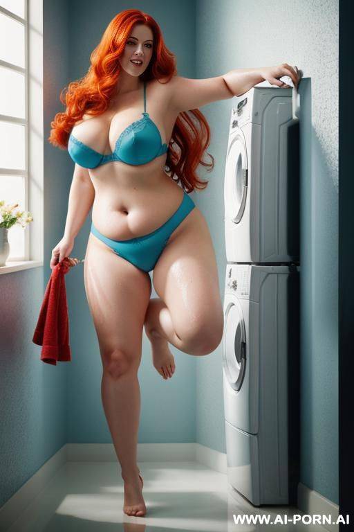 half-length photo, as a setting in the laundry area, a fat chubby ((very obese with hips and hot)) fat thick and bbw redhead british, she is washing clothes and is soaked in foamy water. - #main