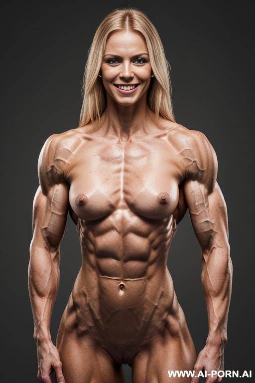 (gray background), (naked), (nude), ((shortest slender most muscular finnish woman only)), ((((sinewy gaunt slender beautiful finnish actress woman with extreme musculature)))), ((short)), ((very white - #main