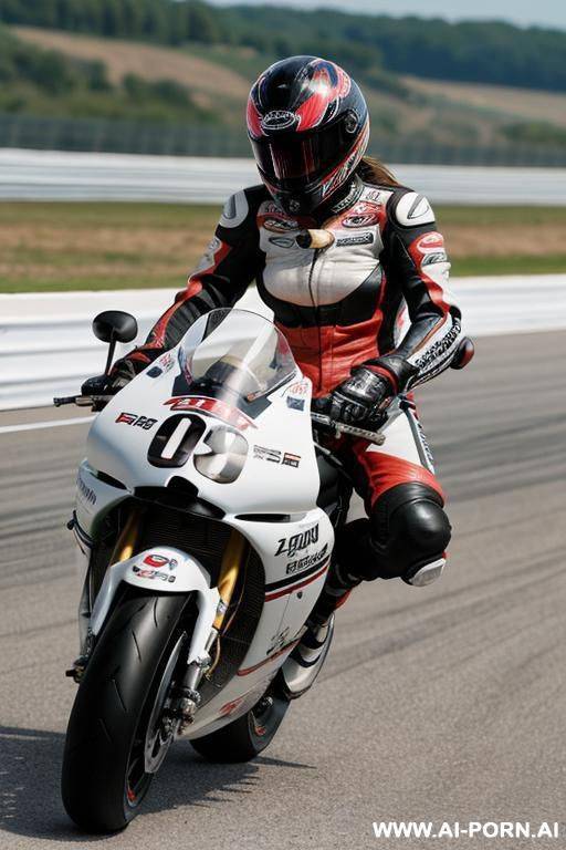 (unzipped motorcycle racing uniform) (exposed breasts) (motorcycle helmet) (leaning on racing motorcycle) - #main