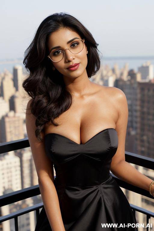 (black strapless dress), ((manhattan penthouse balcony)), ((asin)), (gorgeous), beautiful eyes, (big full lips), (beautiful), (lean) ((photorealistic)) (tanned indian), ((ultra detailed photo)), ((hyper - #main