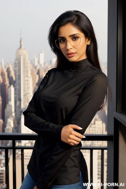 ((long sleeve crew neck black shirt)), ((manhattan penthouse balcony)), ((asin)), (gorgeous), beautiful eyes, (big full lips), (beautiful), (lean) ((photorealistic)) (tanned indian), ((ultra detailed photo)), ((hyper realistic photo)) ((busty)) - #main
