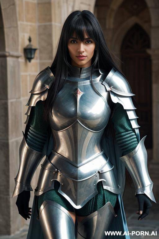 female knight, strong body, silvery blue full plate armour covering whole body, long hair with bangs, green eyes, tanned skin - #main