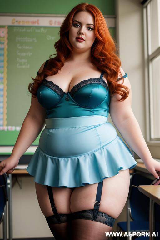 close up full body photo shot, dynamic angle, about at classroom, obese chubby fat bbw curvy teacher, wearing a sexy and hot micro blue ruffle skirt and garter belt top, teaching to the classroom. - #main