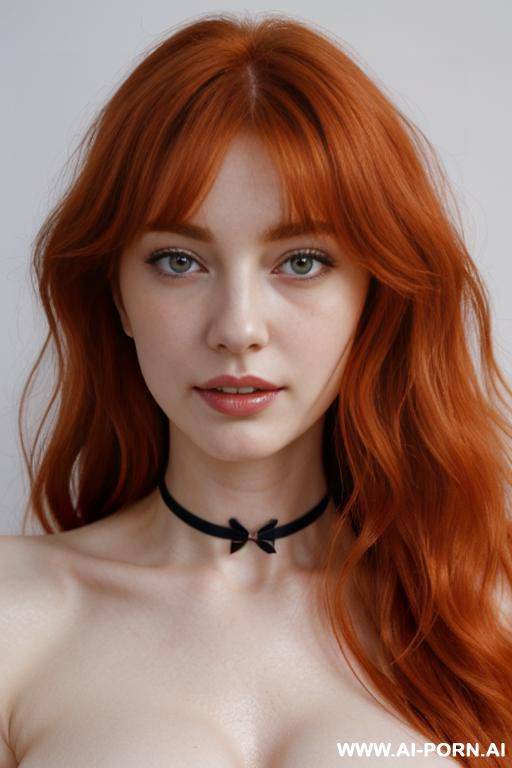 (((topless))), beautiful face, redhead, long wavy fluffy and messy hair, hair styles bangs, big naked breasts, choker, porcelain white skin - #main