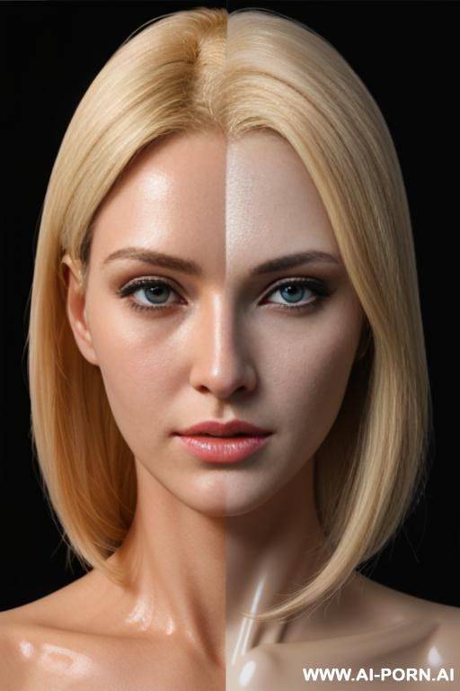 beautiful blonde silicone robotic head, left half face human, missing skin in right half face exposing inner robotic parts and glowing robotic eye - #main