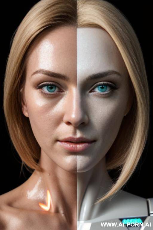beautiful blonde silicone robotic head, (missing skin in right half face exposing inner robotic parts and glowing robotic eye:1.3) - #main