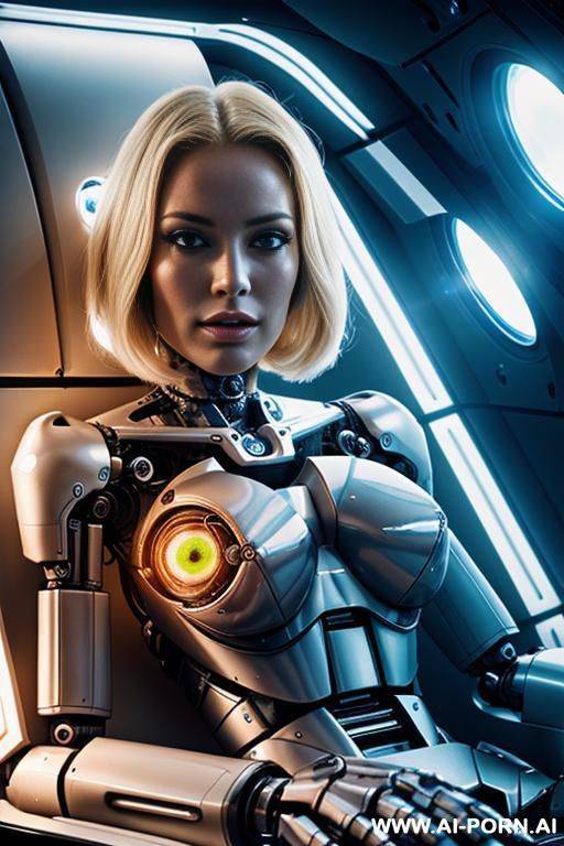 damaged beautiful blonde robotic porn star, sitting in armchair in spaceship, (missing skin in left half face exposing inner robotic parts and glowing robotic eye:1.3) - #main